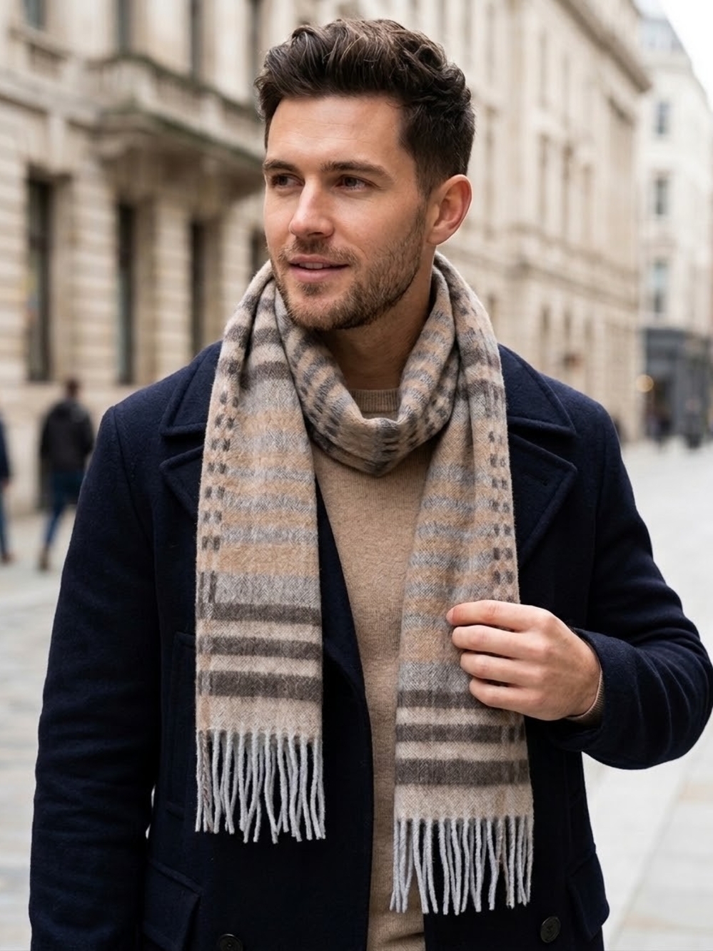 Classic Wool Beige & Gray Fringe Scarf